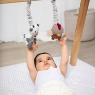 Cow and Chicken stroller toys with jingling rattles and BPA-free clips