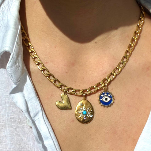 18ct gold-plated charm necklace with heart, star and evil eye charms