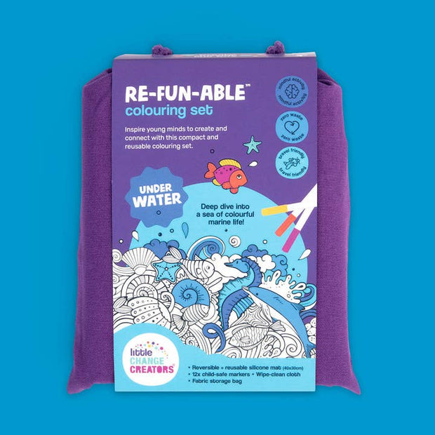 Reusable double-sided silicone colouring mat with ocean theme and marker pens