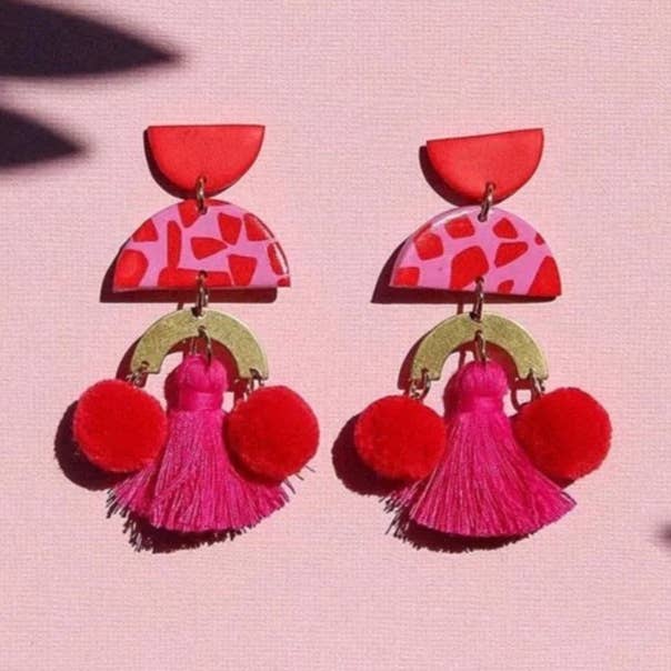 Kingston Jewellery Red Pom Poms handmade earrings with tassels and pom poms