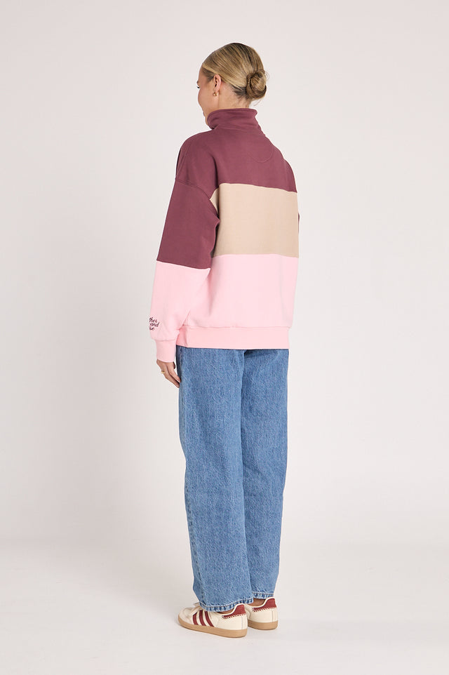 Relaxed striped cotton sweater in pink and plum