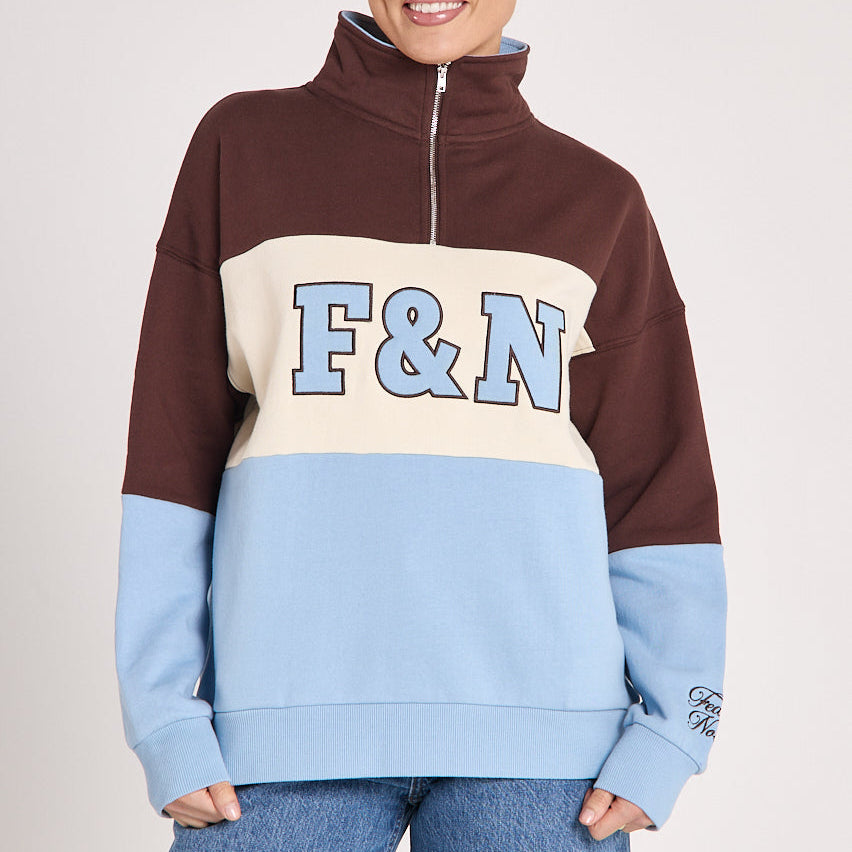 Feather & Noise Varsity Logo Sweater Chocolate Blue Stripe
