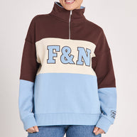 Feather & Noise Varsity Logo Sweater Chocolate Blue Stripe