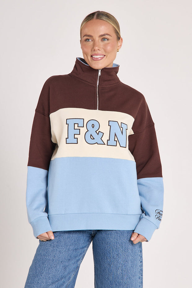Feather & Noise Varsity Logo Sweater Chocolate Blue Stripe