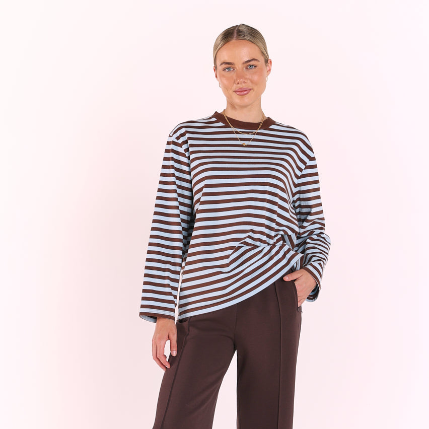 Carter Long Sleeve Tee - Chocolate Blue Stripe
