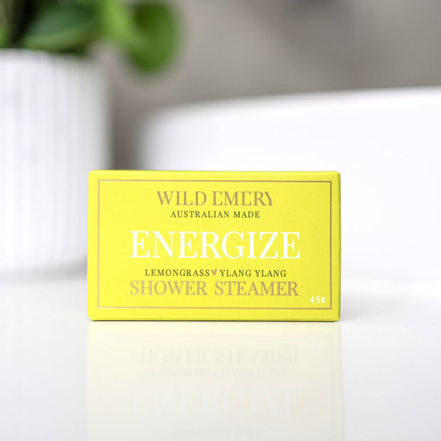 Wild Emery Energize Shower Steamer with lemongrass and ylang ylang essential oils