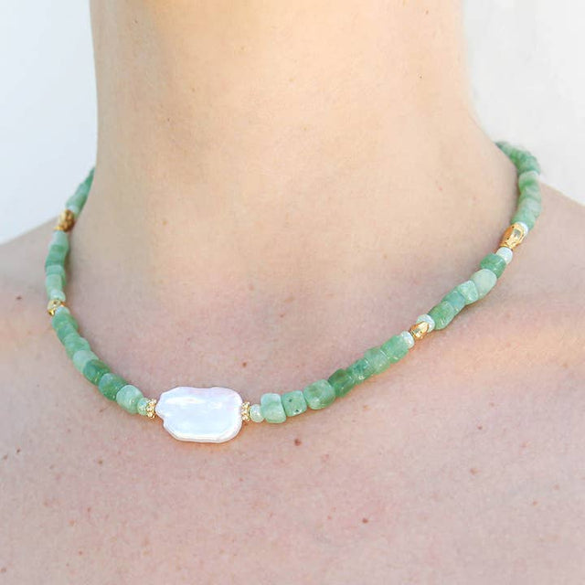 Handmade sage beaded necklace with freshwater pearl centrepiece