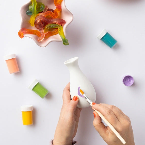 Creative kids craft gift set with three paintable ceramic vases and five acrylic paint colours