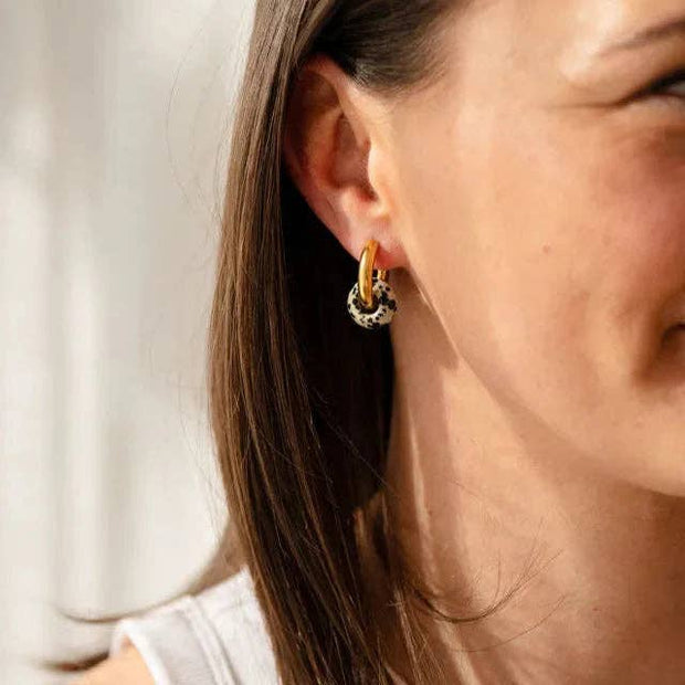 Gold hoop earrings with removable speckled pebble stone bead