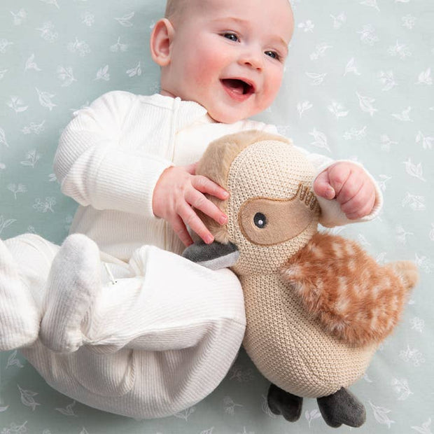 Brown and cream kookaburra soft toy with gentle rattle