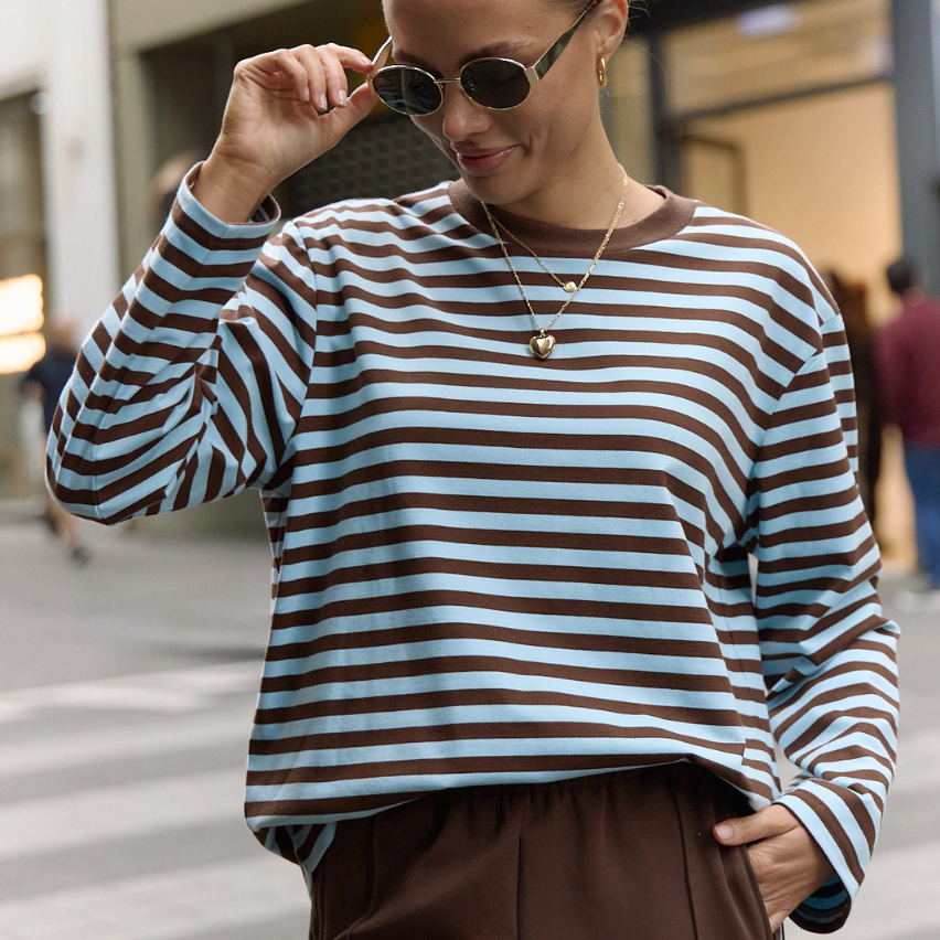 Carter Long Sleeve Tee - Chocolate Blue Stripe