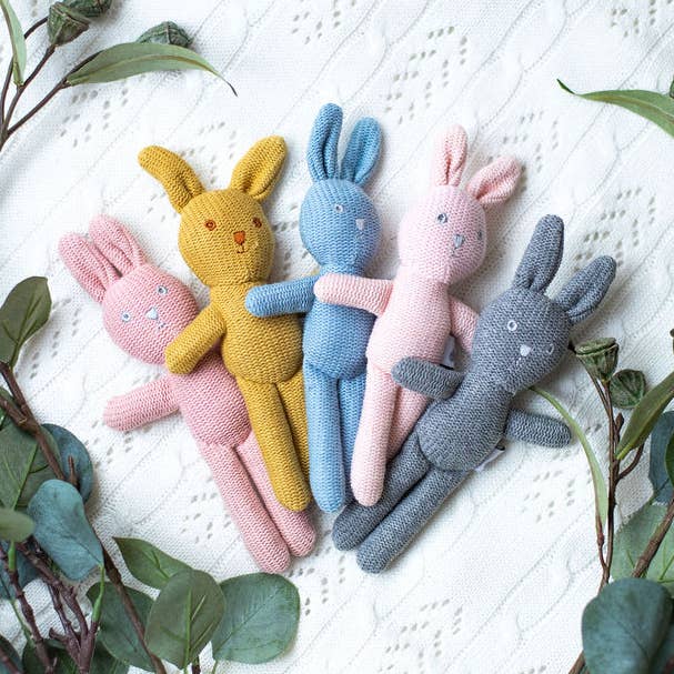 Soft knitted bunny baby rattle toy