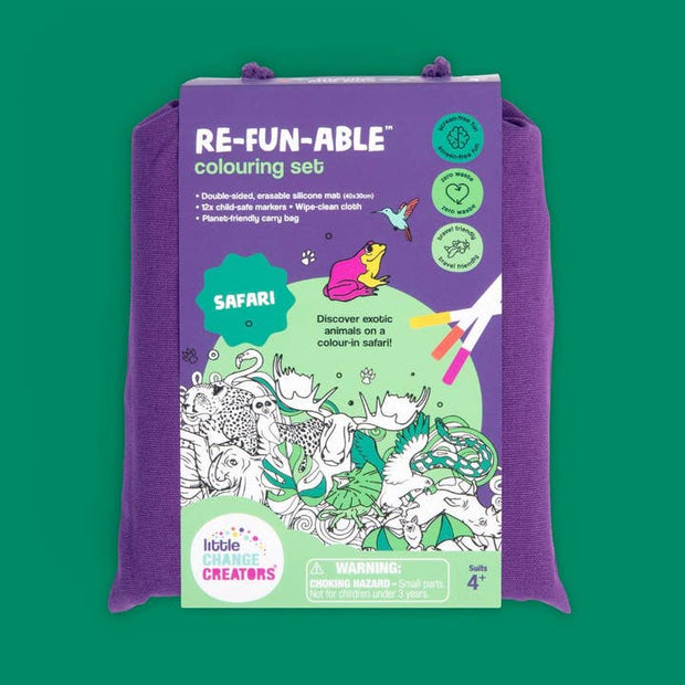 Reusable double-sided silicone colouring mat with safari animal theme and marker pens