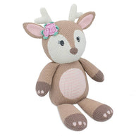 Soft brown fawn knitted toy with crochet flower and gentle rattle