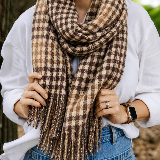 Houndstooth Caramel Brown Classic Check Winter Scarf