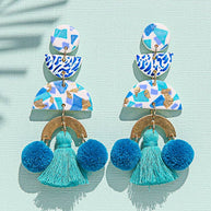 Kingston Jewellery Blue Terrazzo Pom Pom Earrings with tassels and gold accents