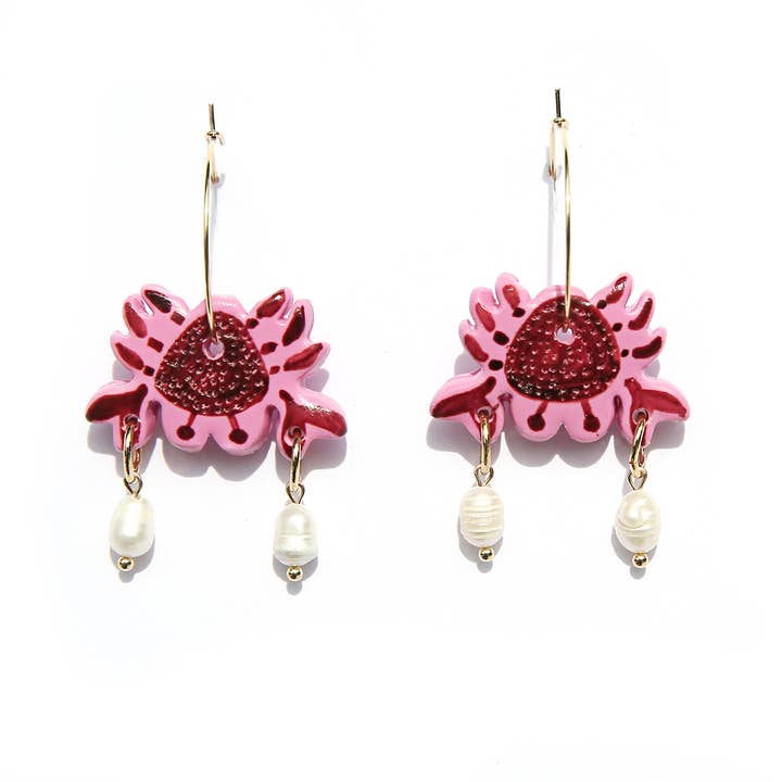 Handmade pink crab-shaped statement earrings with freshwater pearls