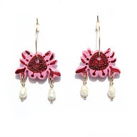 Handmade pink crab-shaped statement earrings with freshwater pearls