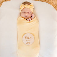 Ribbed bamboo stretch swaddle in soft yellow