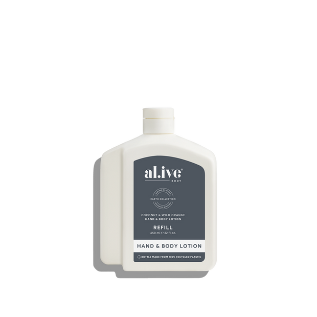 al.ive body Coconut & Wild Orange 650ml lotion refill in recyclable bottle