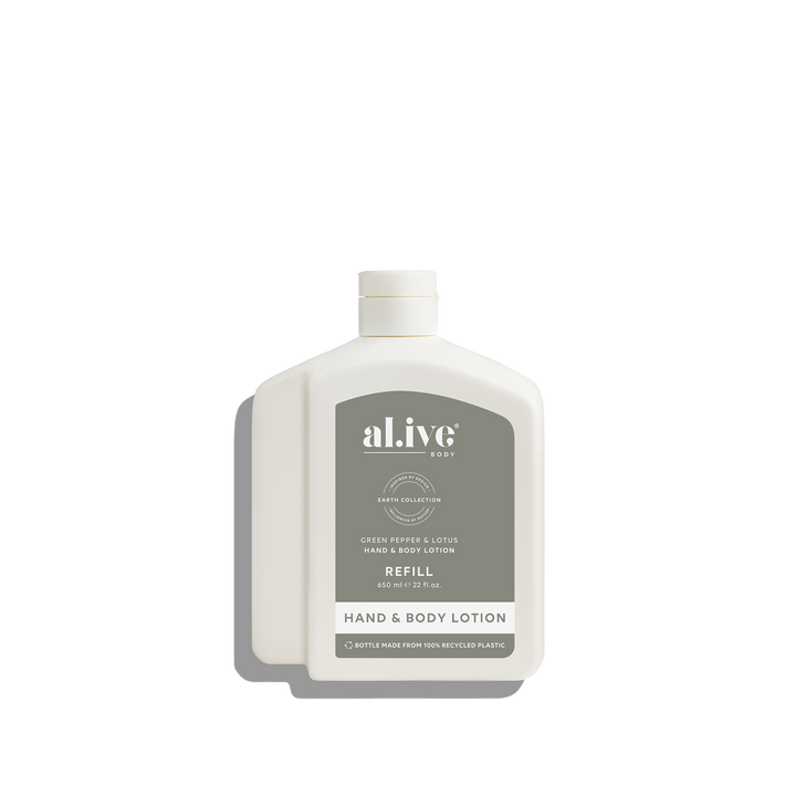al.ive body Green Pepper & Lotus 650 ml lotion refill in PCR bottle