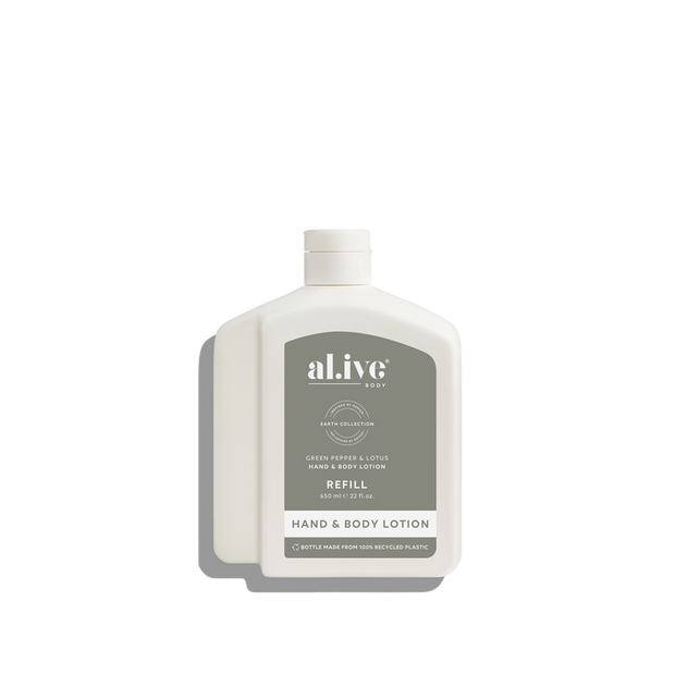 al.ive body Green Pepper & Lotus 650 ml lotion refill in PCR bottle