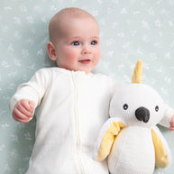 White and yellow cockatoo soft toy with gentle rattle