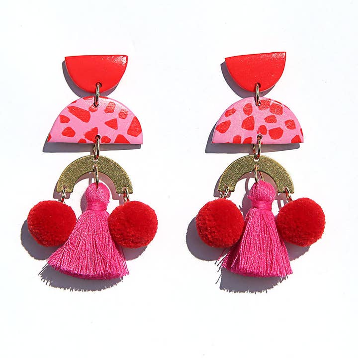 Bold red and pink statement earrings with gold accents