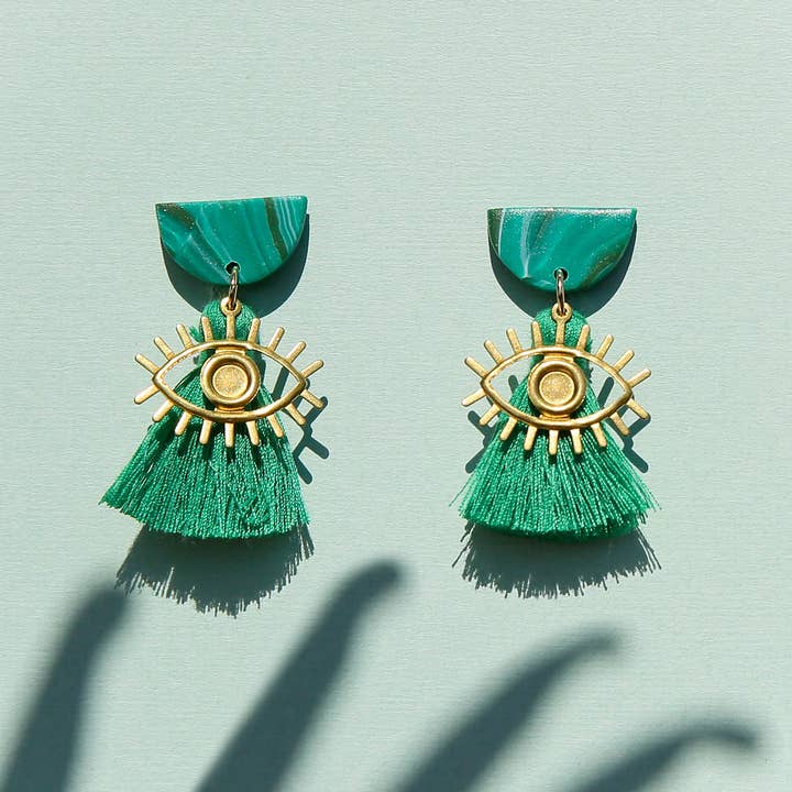 Kingston Jewellery Emerald Eye Tassel handmade earrings with pearls