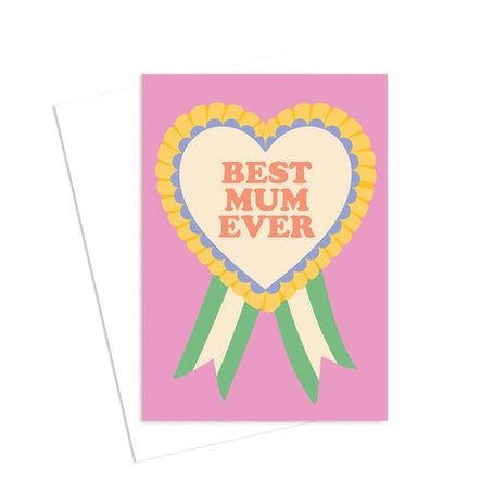 Happy Day People Best Mum Ever greeting card with illustrated heart rosette design