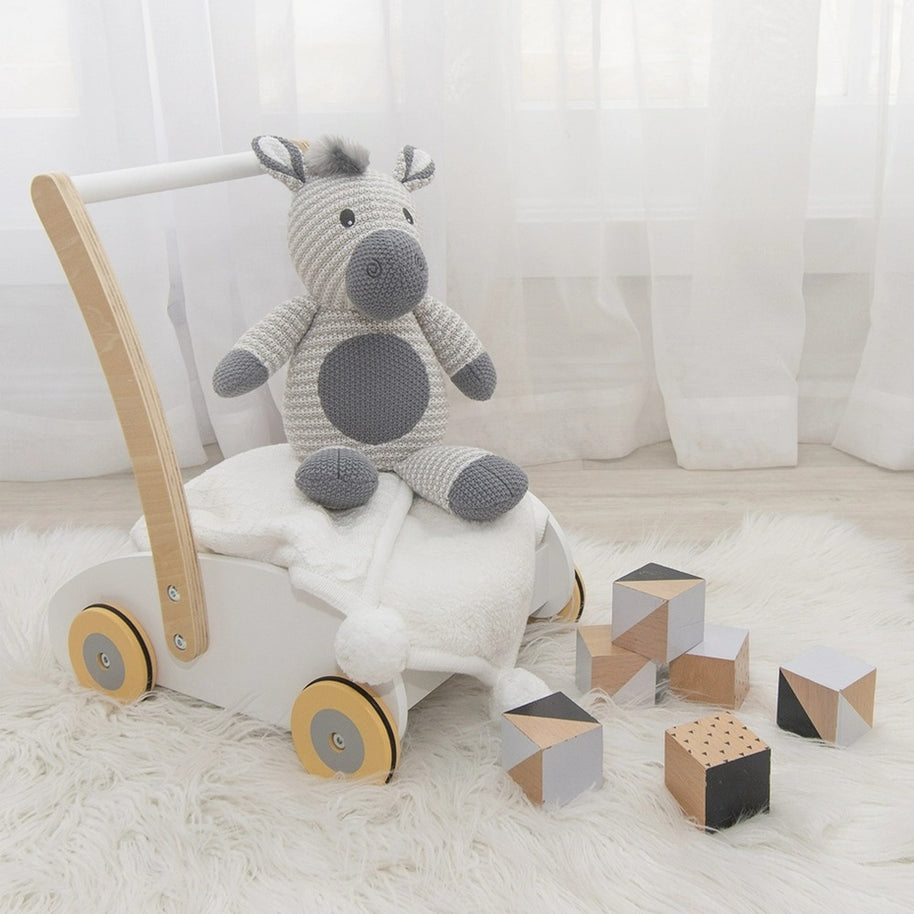 Black and white knitted zebra soft toy for babies