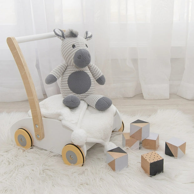 Black and white knitted zebra soft toy for babies