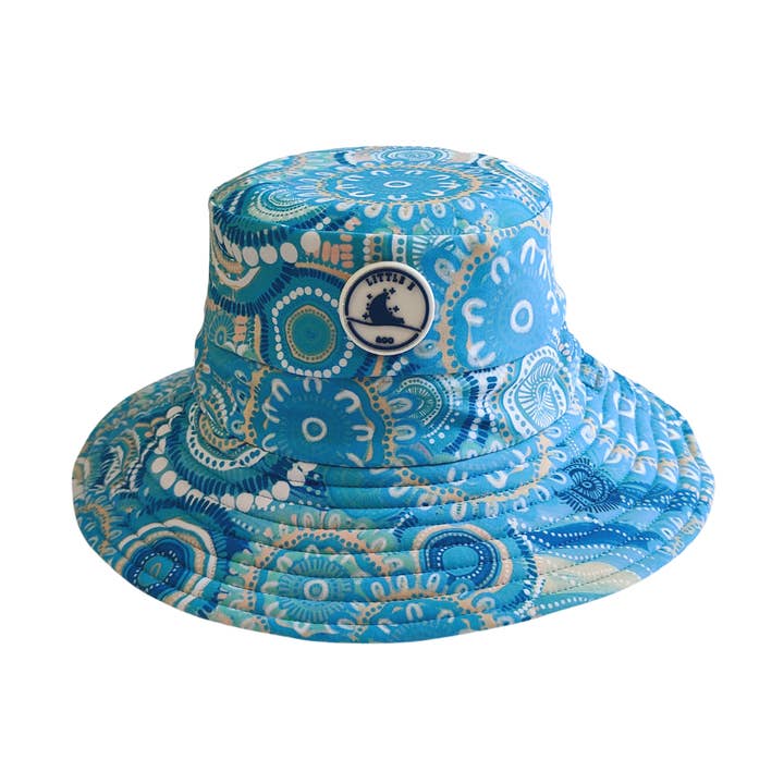 UPF50+ Indigenous Blue swim hat for babies and toddlers