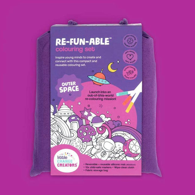 Reusable double-sided silicone colouring mat with space theme and marker pens