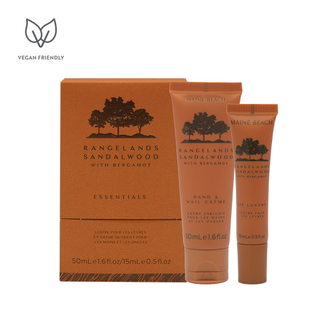 Maine Beach Rangelands Sandalwood Essentials Set gift box with hand crème and lip lustre