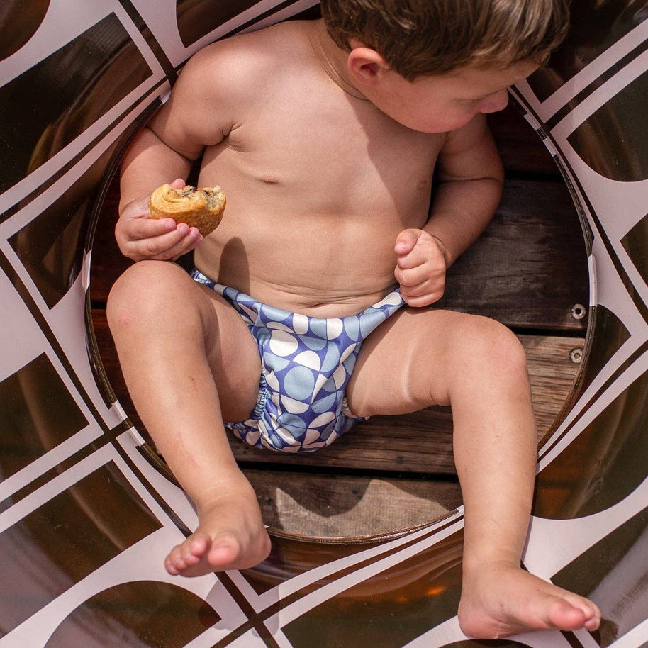Reusable baby swim nappy with mesh lining and adjustable drawstring