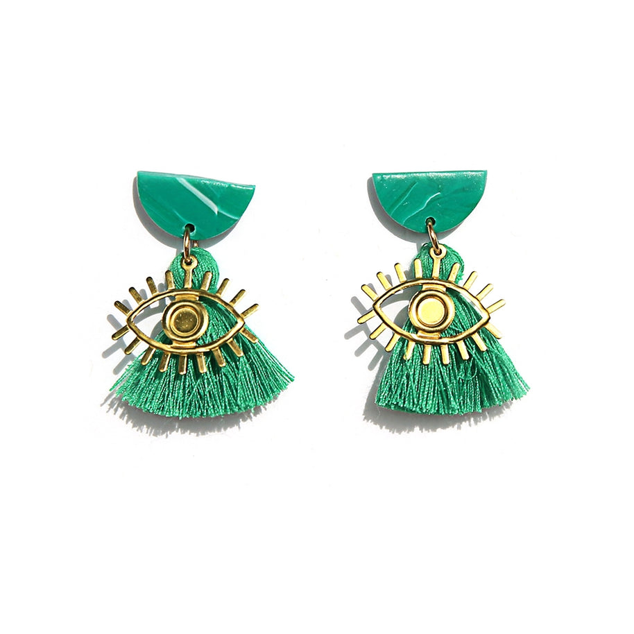 Green tassel statement earrings with hand-painted details