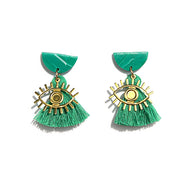Green tassel statement earrings with hand-painted details