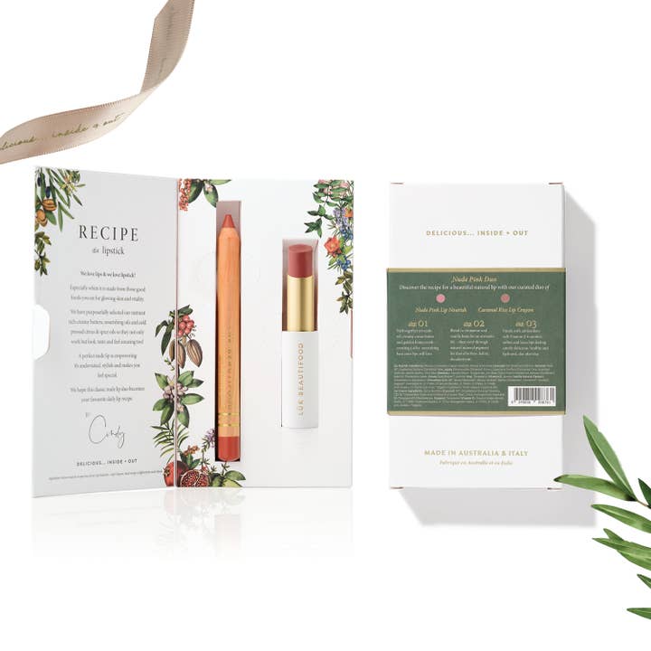 Nude Pink Lip Nourish and Caramel Kiss Lipstick Crayon in festive book-style box