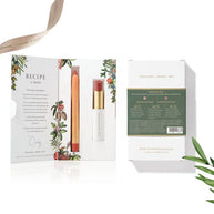 Nude Pink Lip Nourish and Caramel Kiss Lipstick Crayon in festive book-style box