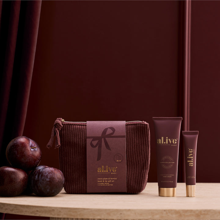 al.ive body festive gift set featuring Sweet Plum & Berries scent
