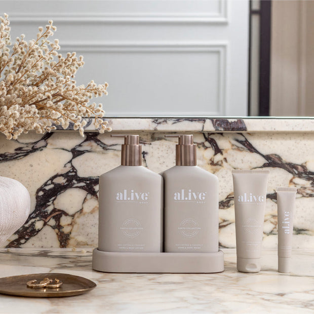 al.ive body Icon Set featuring Hand Wash, Lotion, Hand Cream & Lip Butter in Stone colourway