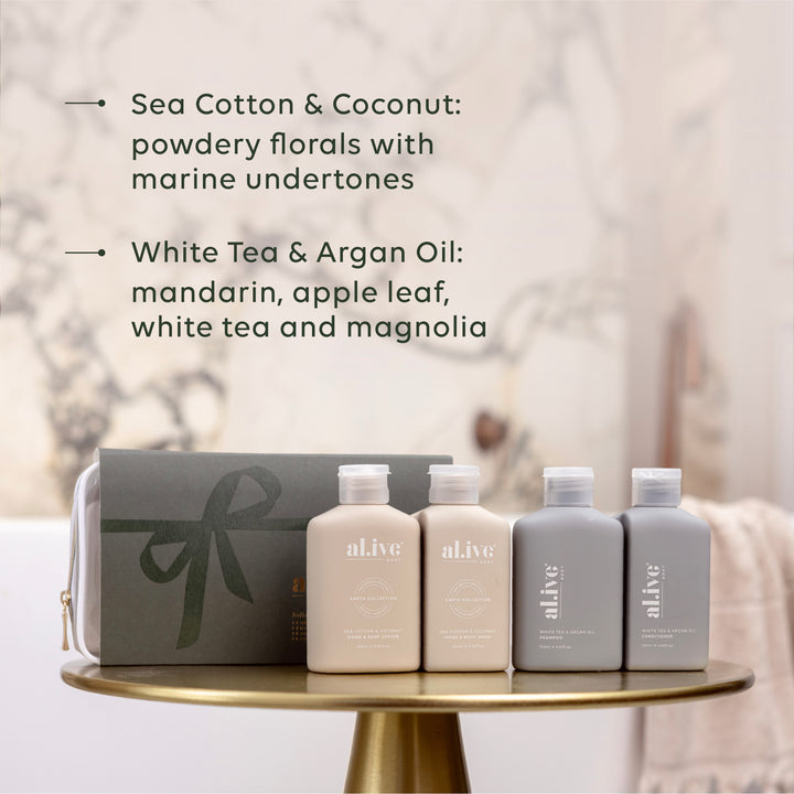 al.ive body Holiday Travel Pack inside clear zipped toiletry bag with green decorative sleeve.