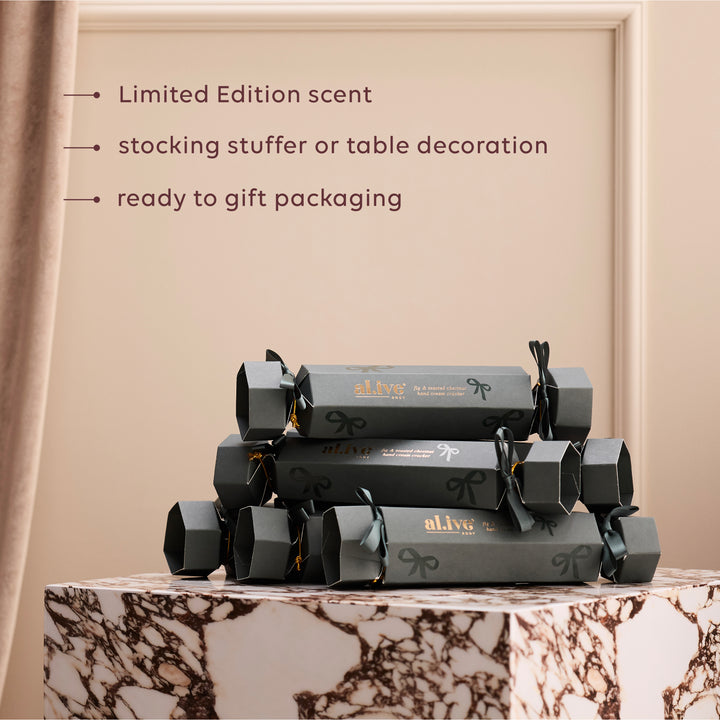 Luxury Christmas hand cream set featuring six festive crackers