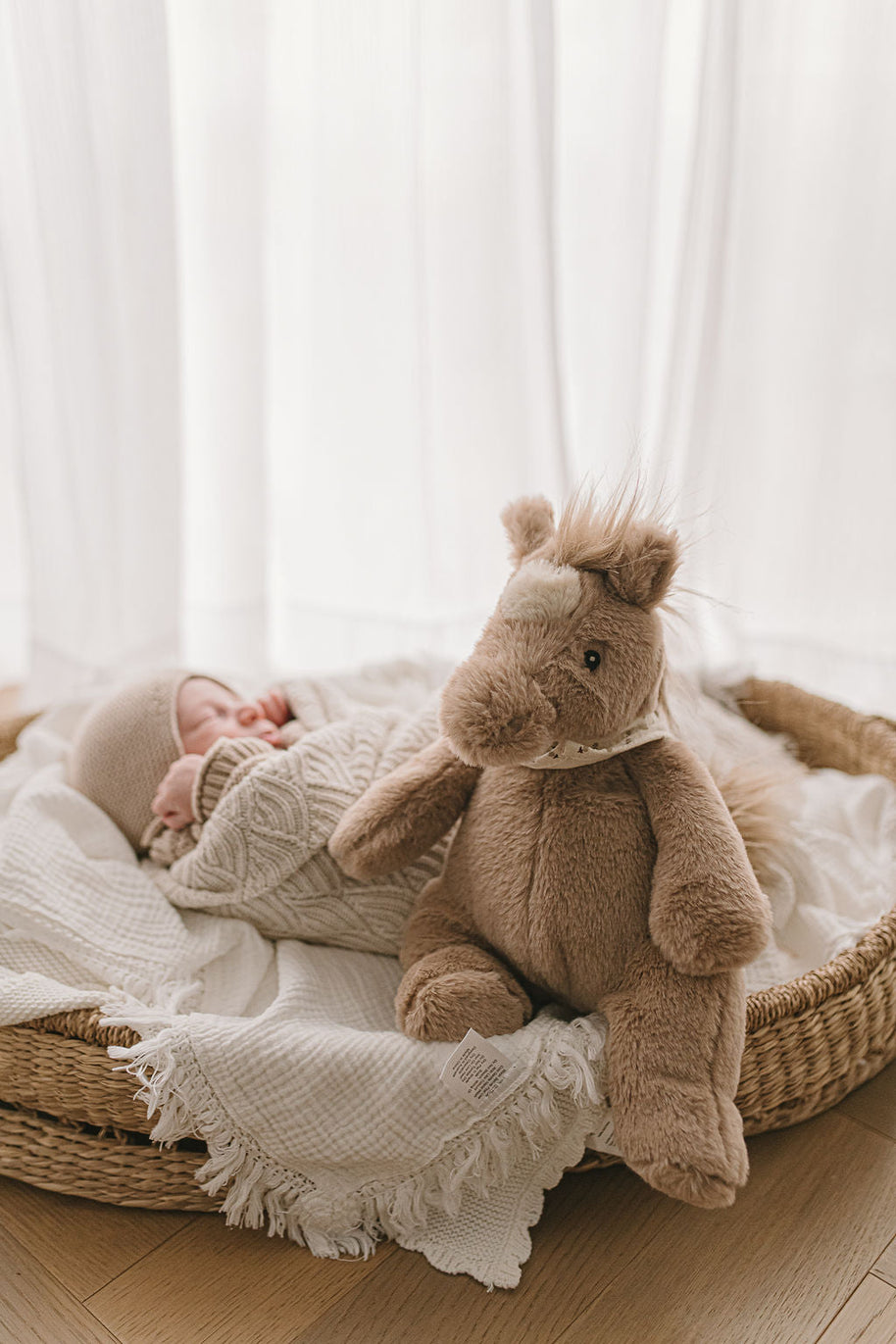 Adorable stuffed horse toy with chubby legs and smooshy belly by Nana Huchy