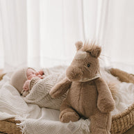 Adorable stuffed horse toy with chubby legs and smooshy belly by Nana Huchy