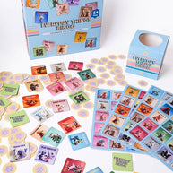 Animal character bingo cards showing everyday activities

