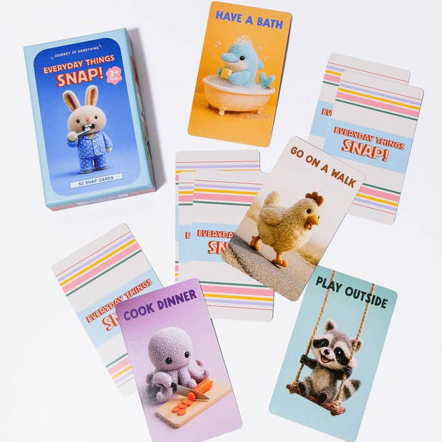 Animal character snap cards showing everyday routines
