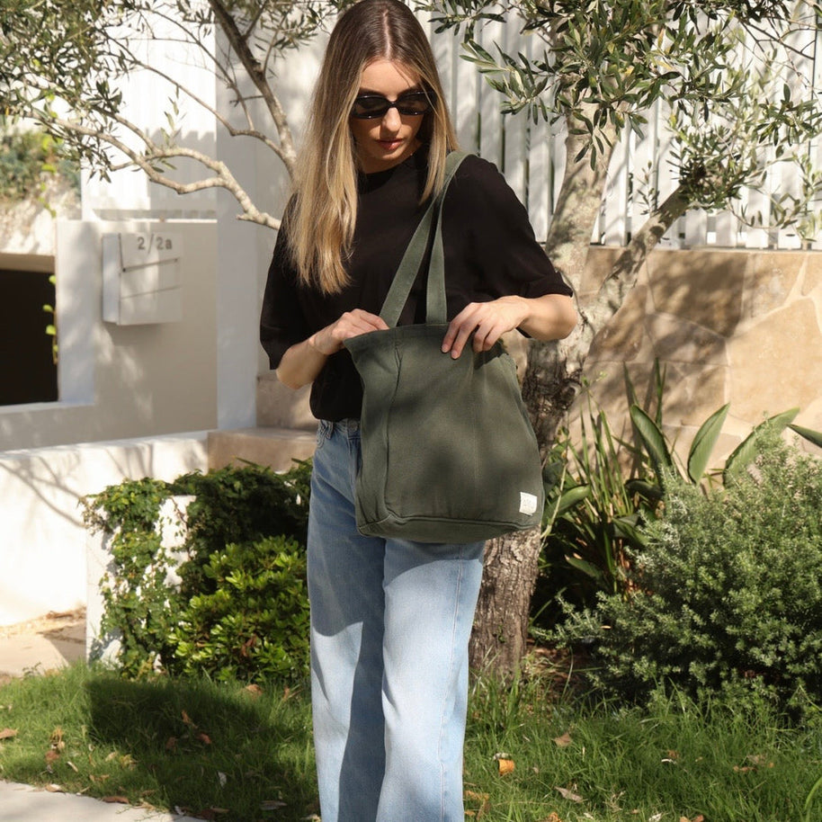 Array Midi Pocket Tote Forest with crossbody strap loops