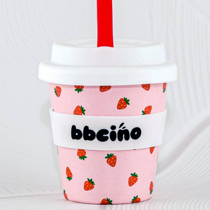 BBcino Berry Bb Babycino Cup 120ml with red reusable straw and white silicone lid